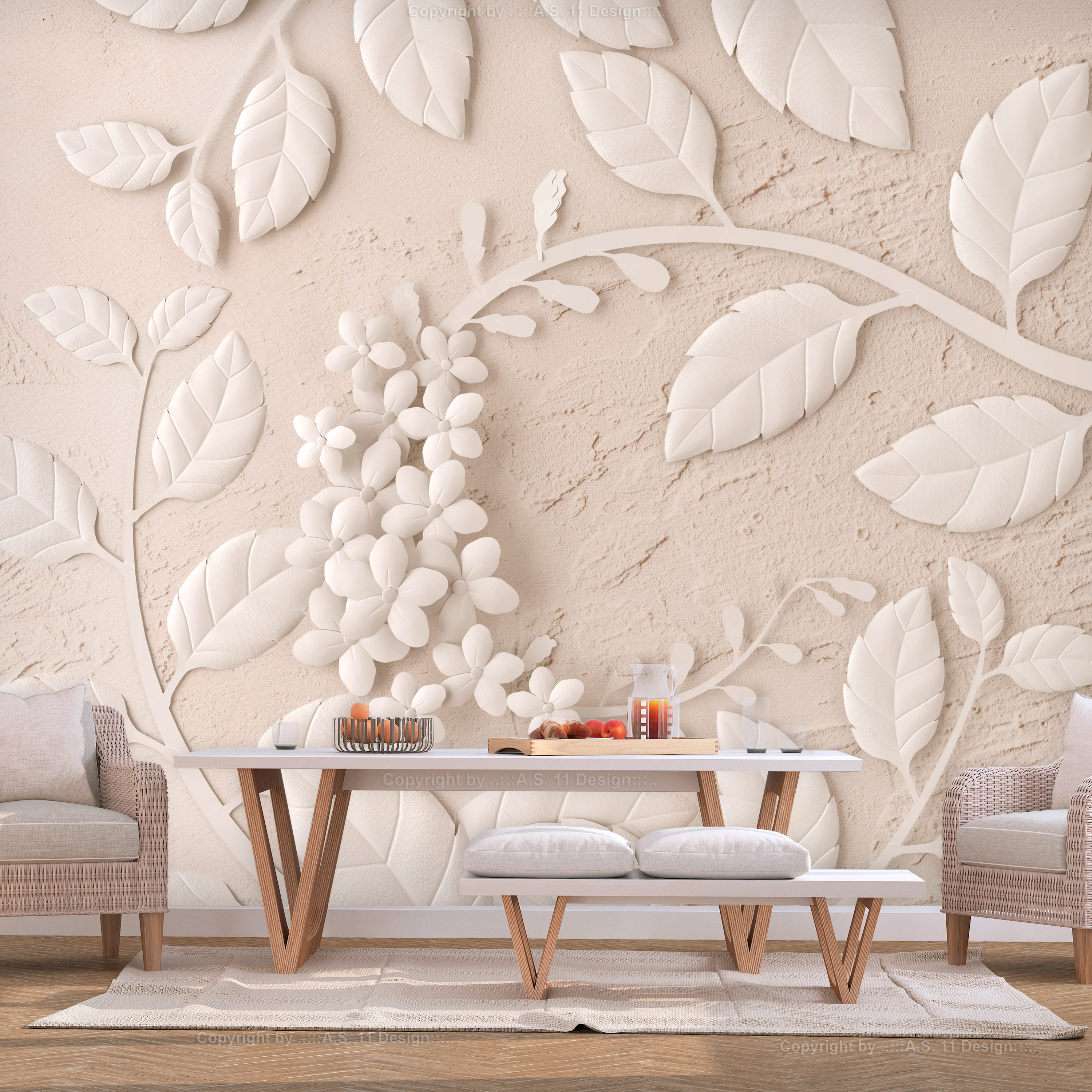 Self-adhesive Wallpaper - Paper Flowers (Beige) - 196x140