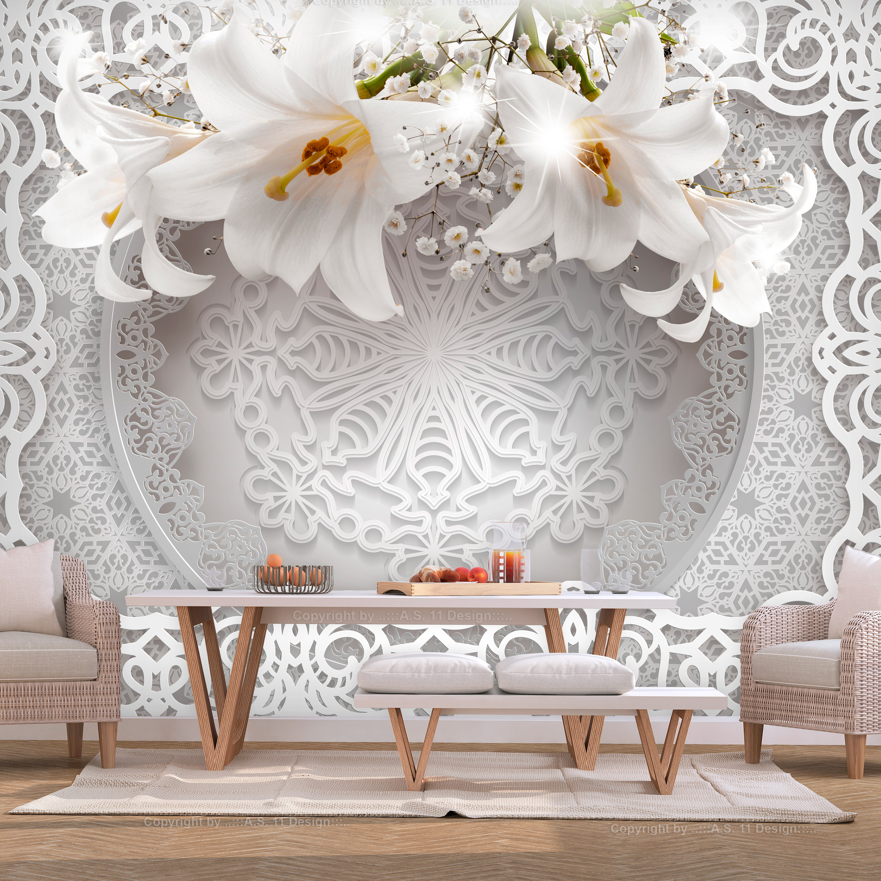 Self-adhesive Wallpaper - Lilies and Ornaments - 196x140