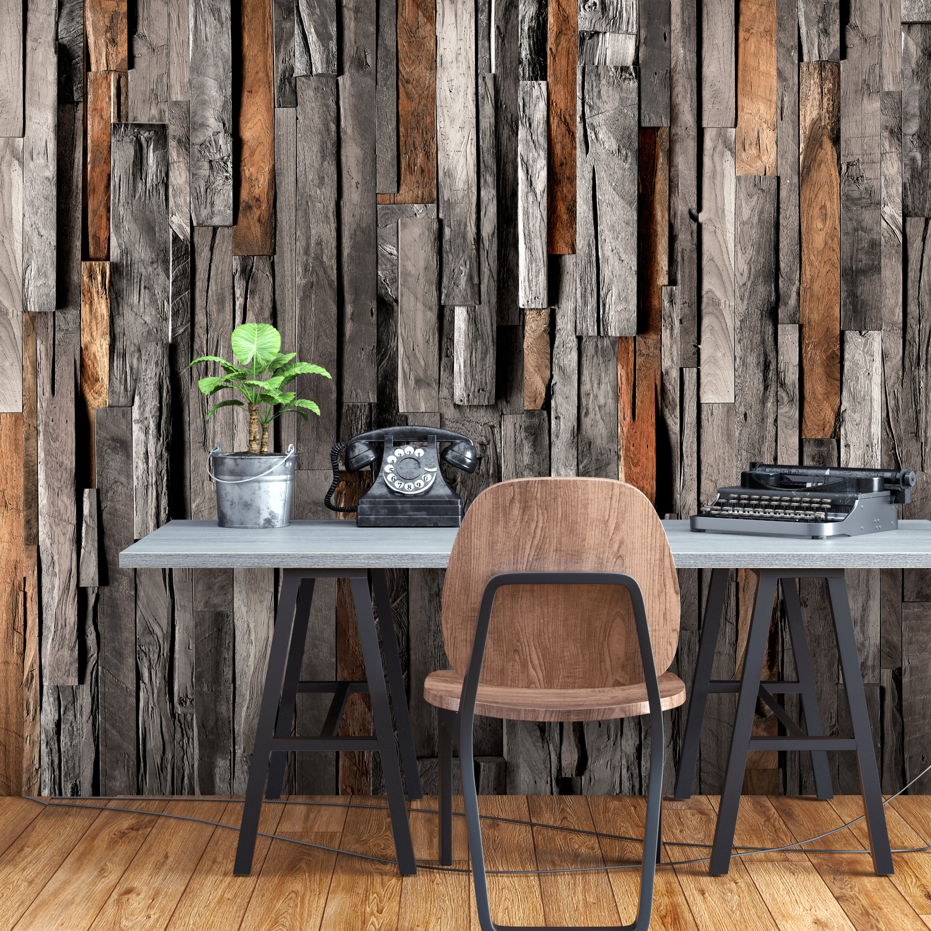 Self-adhesive Wallpaper - Wooden Curtain (Grey and Brown) - 147x105