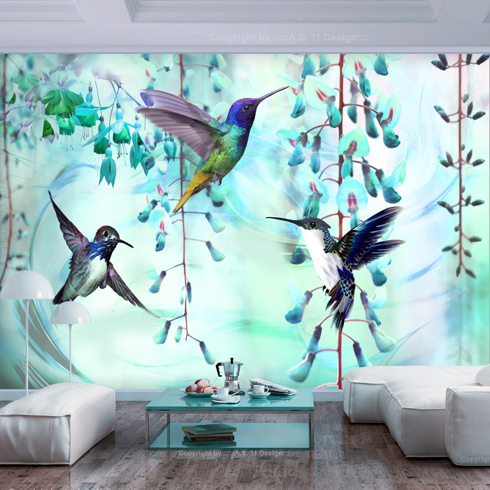 Self-adhesive Wallpaper - Flying Hummingbirds (Green) - 98x70