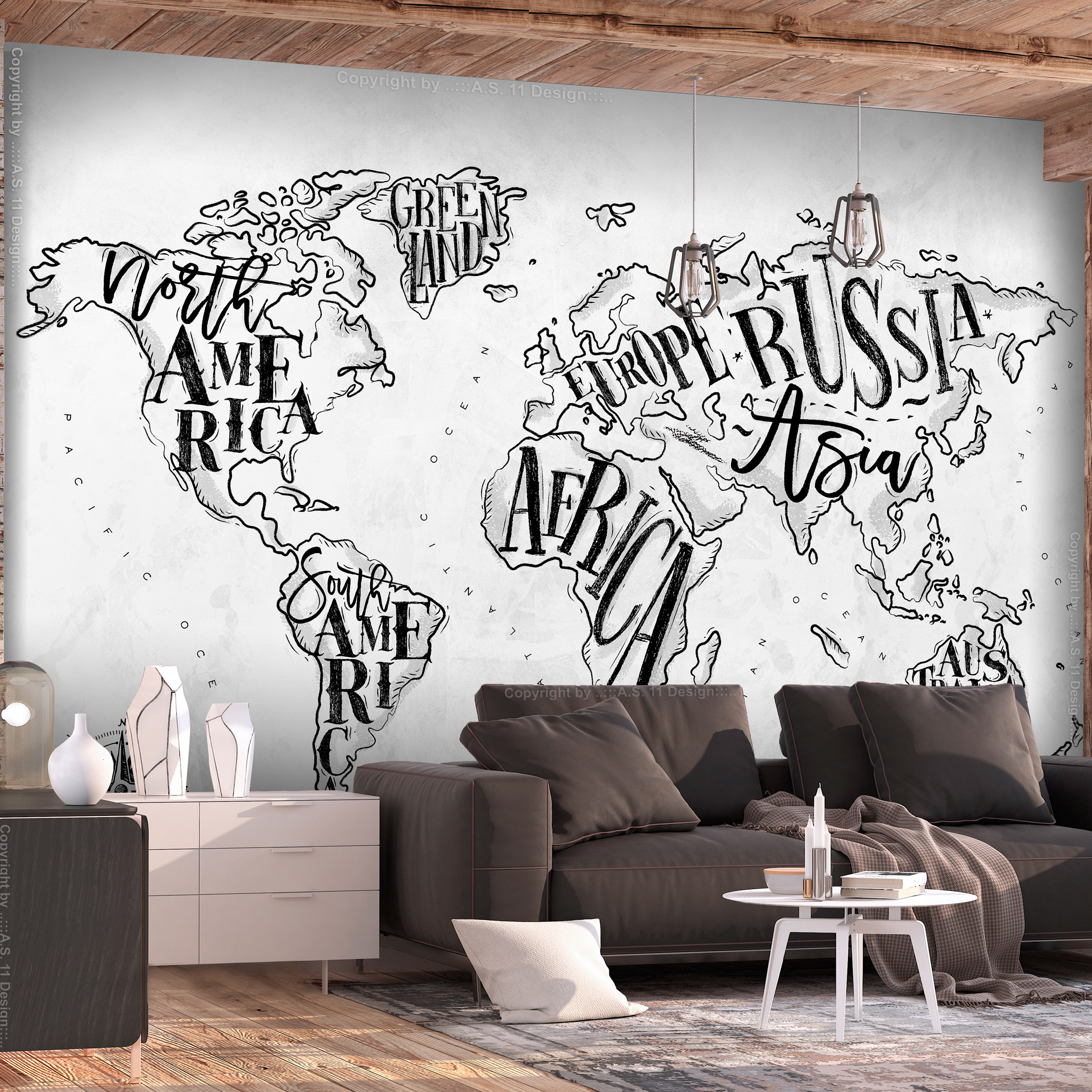Self-adhesive Wallpaper - Retro Continents (Grey) - 343x245