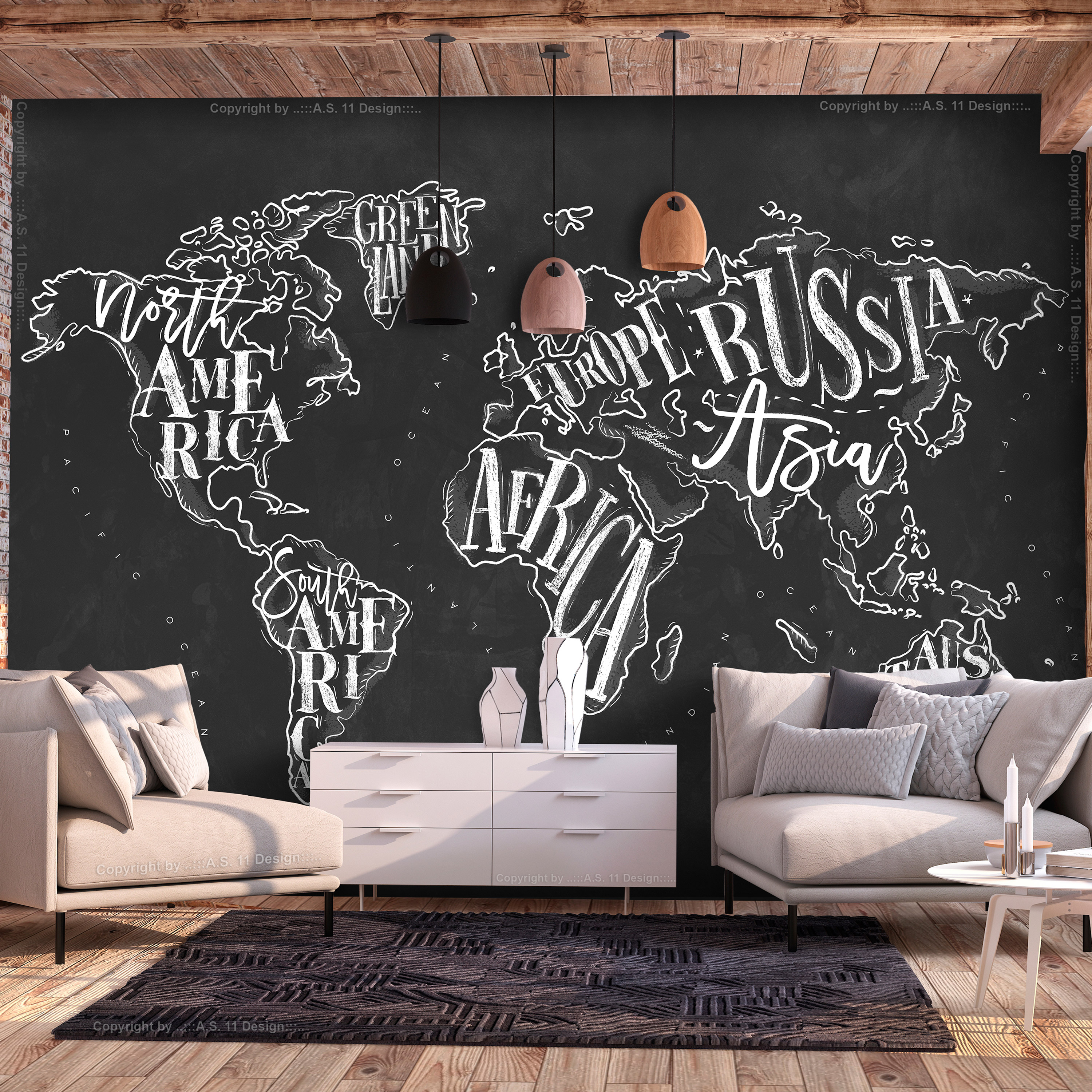 Self-adhesive Wallpaper - Retro Continents (Black) - 196x140