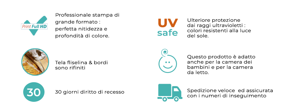 Il quadro stampato ? uno degli trend pi? popolari nelle decorazioni moderne per gli interni e possono essere un'alternativa per i dipinti classici. Nel nostro processo di stampa utilizziamo soltanto le tecnologie pi? moderne e inchiostri resistenti alla luce per garantire la migliore qualit? e i colori pi? brillanti. Alta resistenza ai raggi solari fa si che il colore della stampa non sbiadisce e resta come nuovo a lungo! La tecnica di intelaiatura utilizzata permette di coprire con la tela stampata il bordo del quadro, non c'? bisogno di aggiuntivi, ? pronto per essere appeso subito. Il telaio che viene usato ? molto leggero, fatto di truciolato e contemporaneamente ? molto resistente ed ecologico.Nella nostra offerta ci sono quadri su tela di fliselina con tantissimi motivi! Ogniuno trover? qualcosa per s� su Murando. Alta qualit? e i motivi alla moda sicuramente soddisferanno i desideri anche dei clienti pi? esigenti. Da noi troverai quadri ideali per ogni stanza! Per far si che i nostri clienti siano contenti, garantiamo il miglior rapporto qualit?-prezzo. Tutti i prodotti sono fatti su richiesta a seconda delle esigenze del cliente e spediti direttamente dalla fabbrica.Se il quadro ? composto da pi? di 1 pezzo, assicurati che la distanza tra i pannelli sia di 2-3 cm, cosicch? il motivo si possa unire bene. Siccome ogni schermo ? diverso, i colori del quadro potrebbero risultare un po' diversi dal vivo. Le foto hanno soltanto un carattere illustrativo. Devono soltato dare un'idea su come il prodotto star? nell'interno. I nostri articoli vanno spediti direttamente dalla nostra fabbrica, per evitare eventuali spese di mediazione e una doppia spedizione!Il kit non contiene i ganci.   