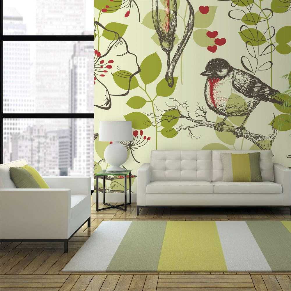 Wallpaper - Bird and lilies vintage pattern - 350x270