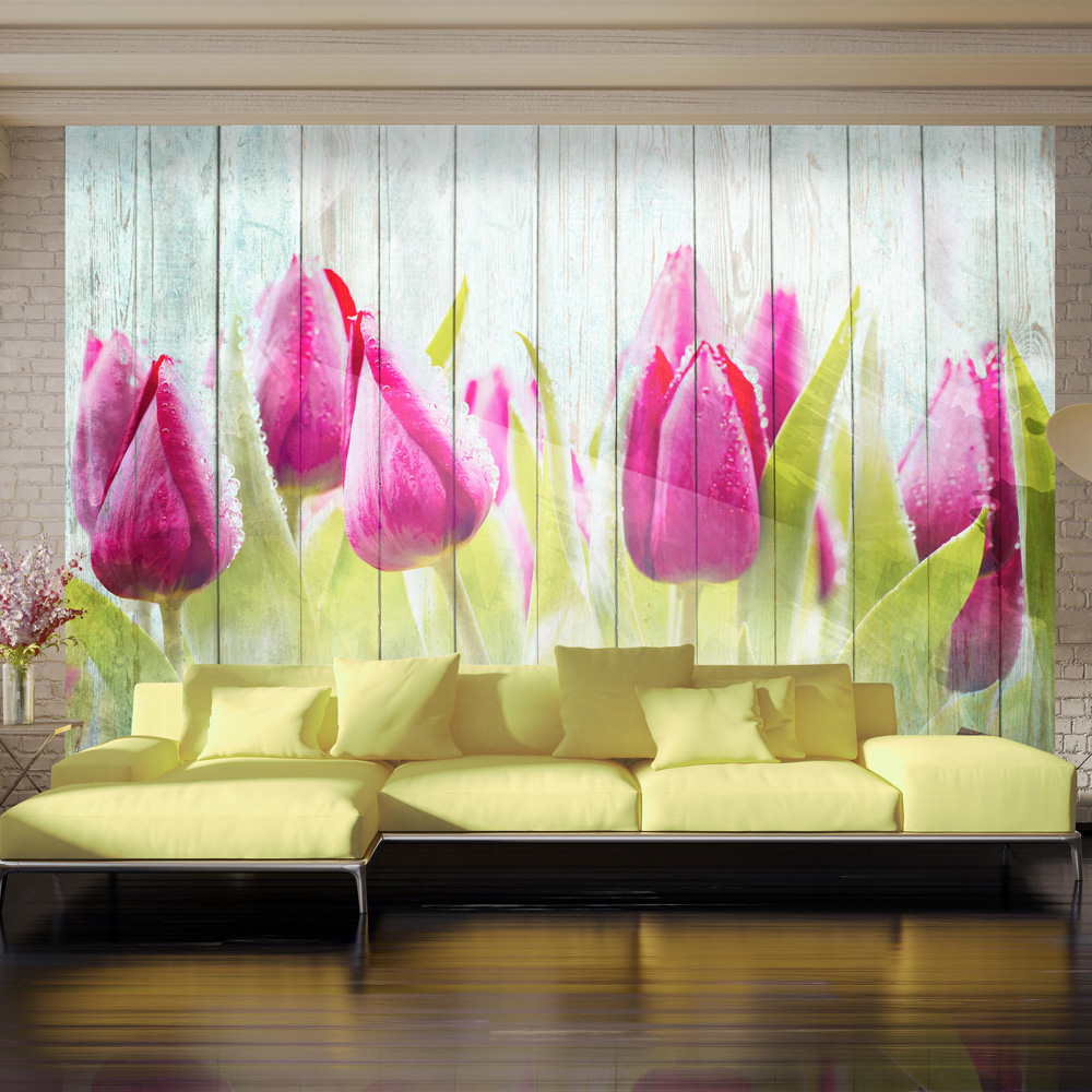 Wallpaper - Tulips on white wood - 100x70