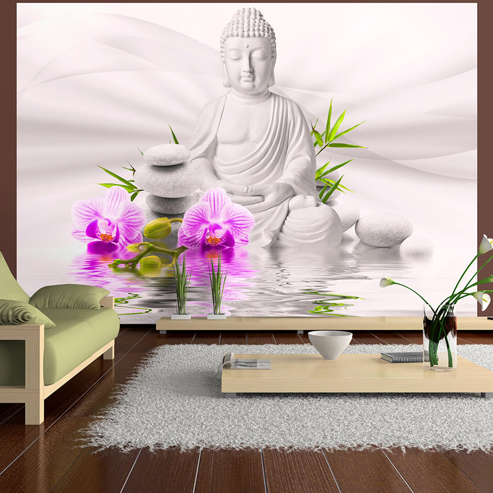 Self-adhesive Wallpaper - Buddha and pink orchids - 343x245