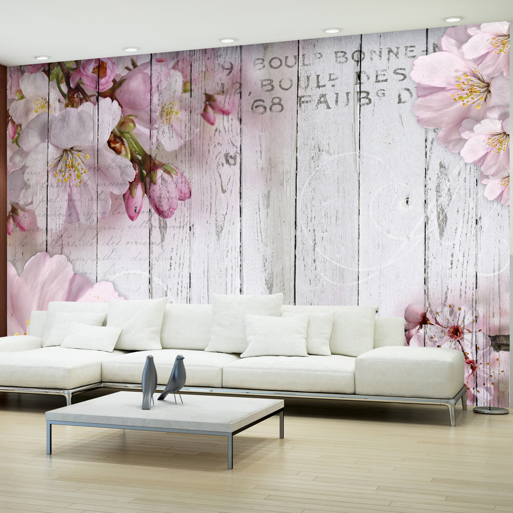 VLIES FOTOTAPETE Holzwand Mohnblume Blumen weiß TAPETE Wandbilder xxl Wohnzimmer 