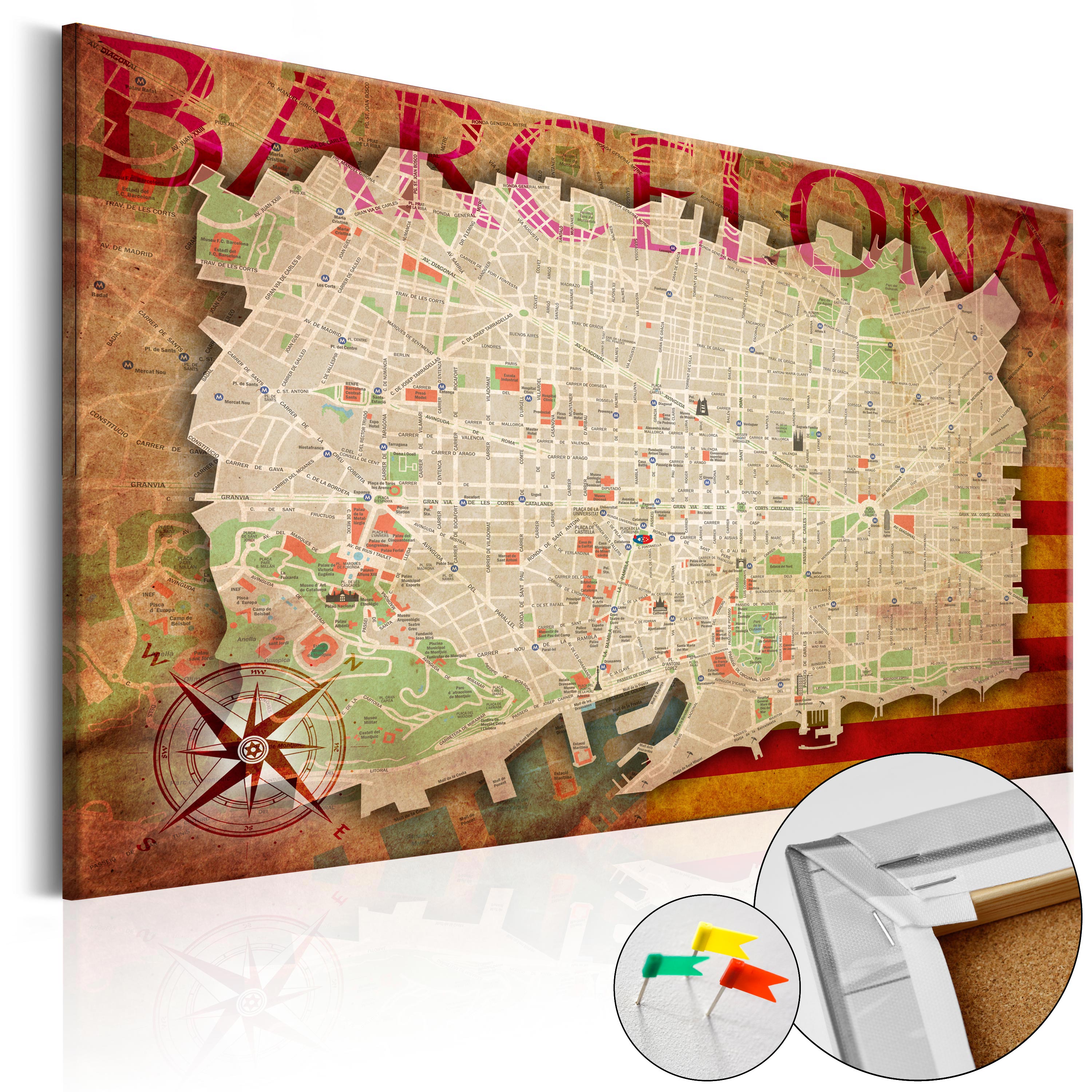Decorative Pinboard - Map of Barcelona [Cork Map] - 120x80