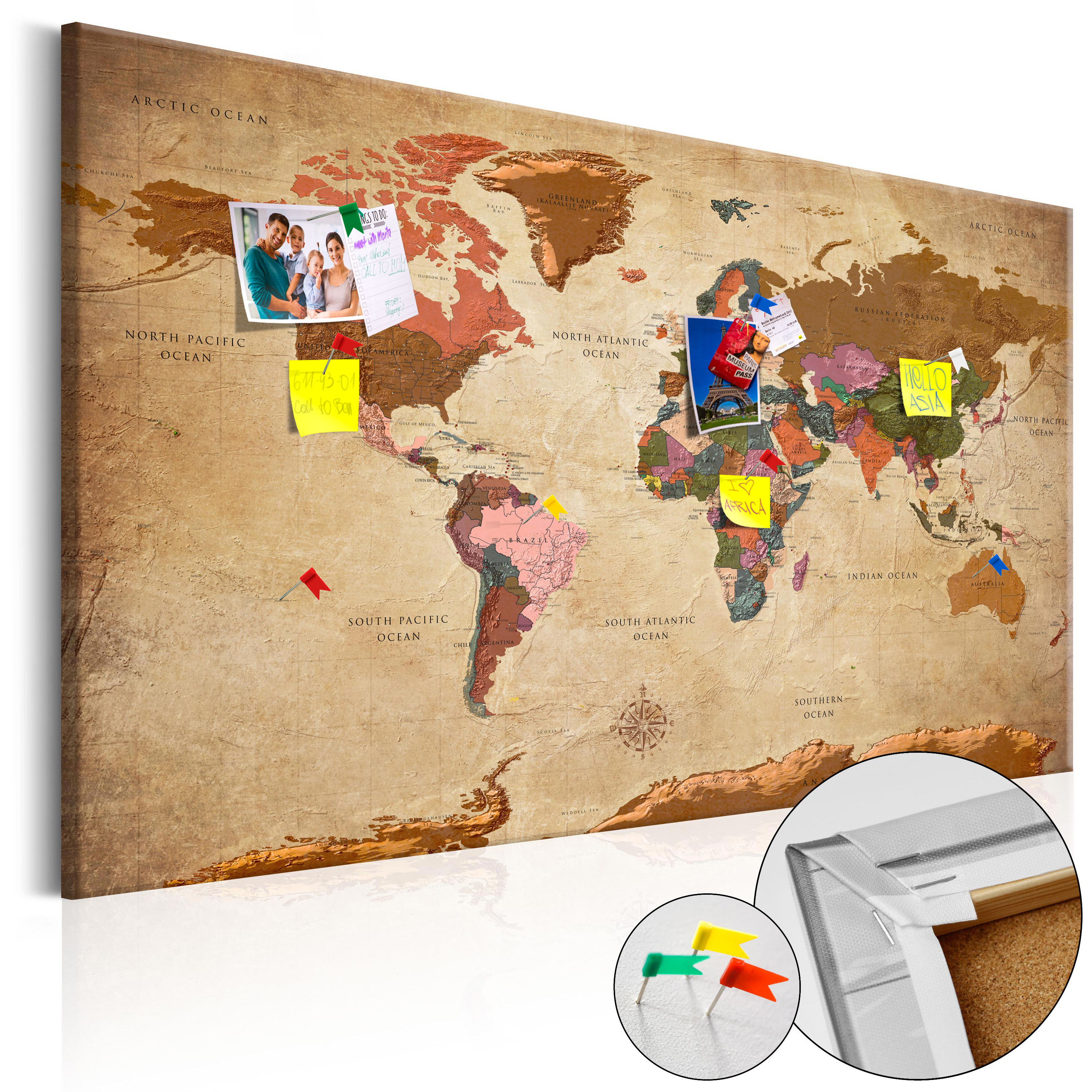 Decorative Pinboard - World Map: Brown Elegance [Cork Map] - 90x60