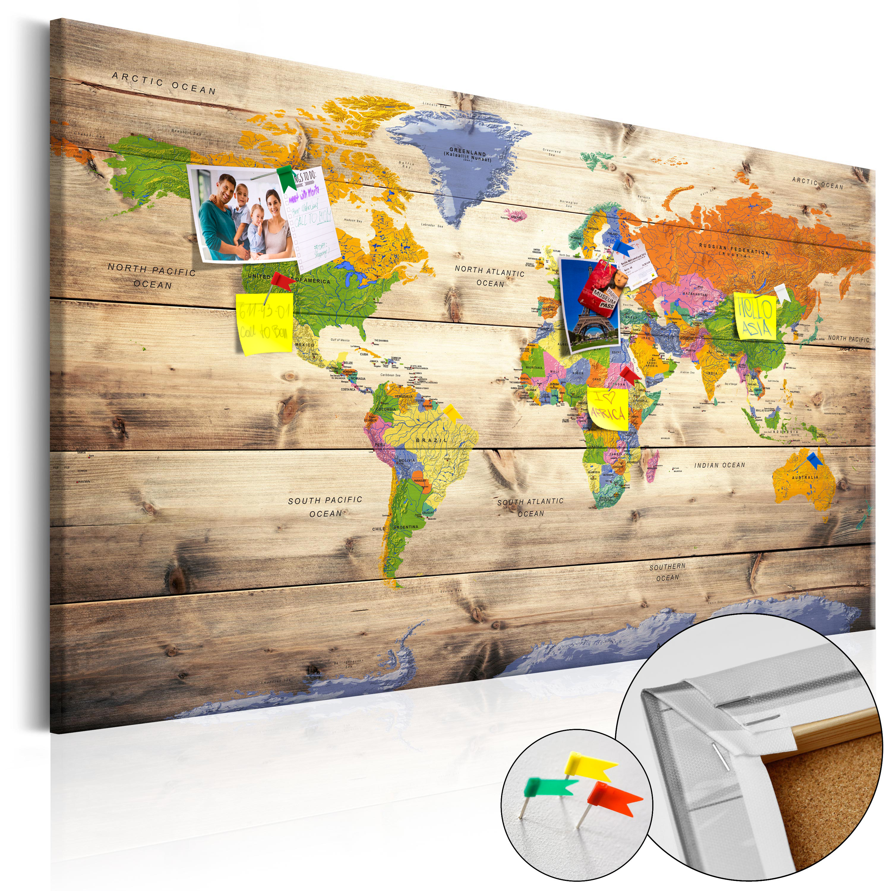 Decorative Pinboard - Map on wood: Colourful Travels [Cork Map] - 90x60