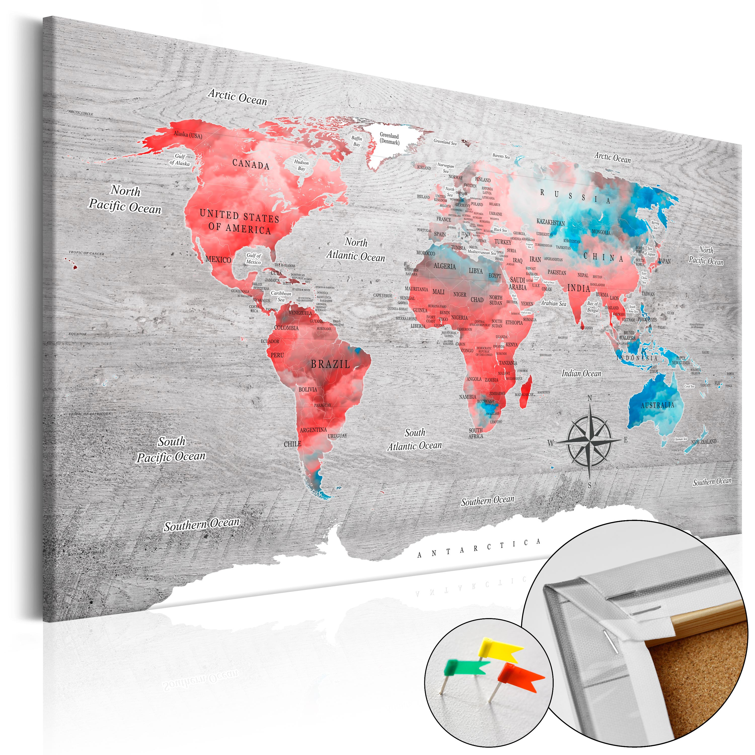 Decorative Pinboard - Red Roam [Cork Map] - 90x60
