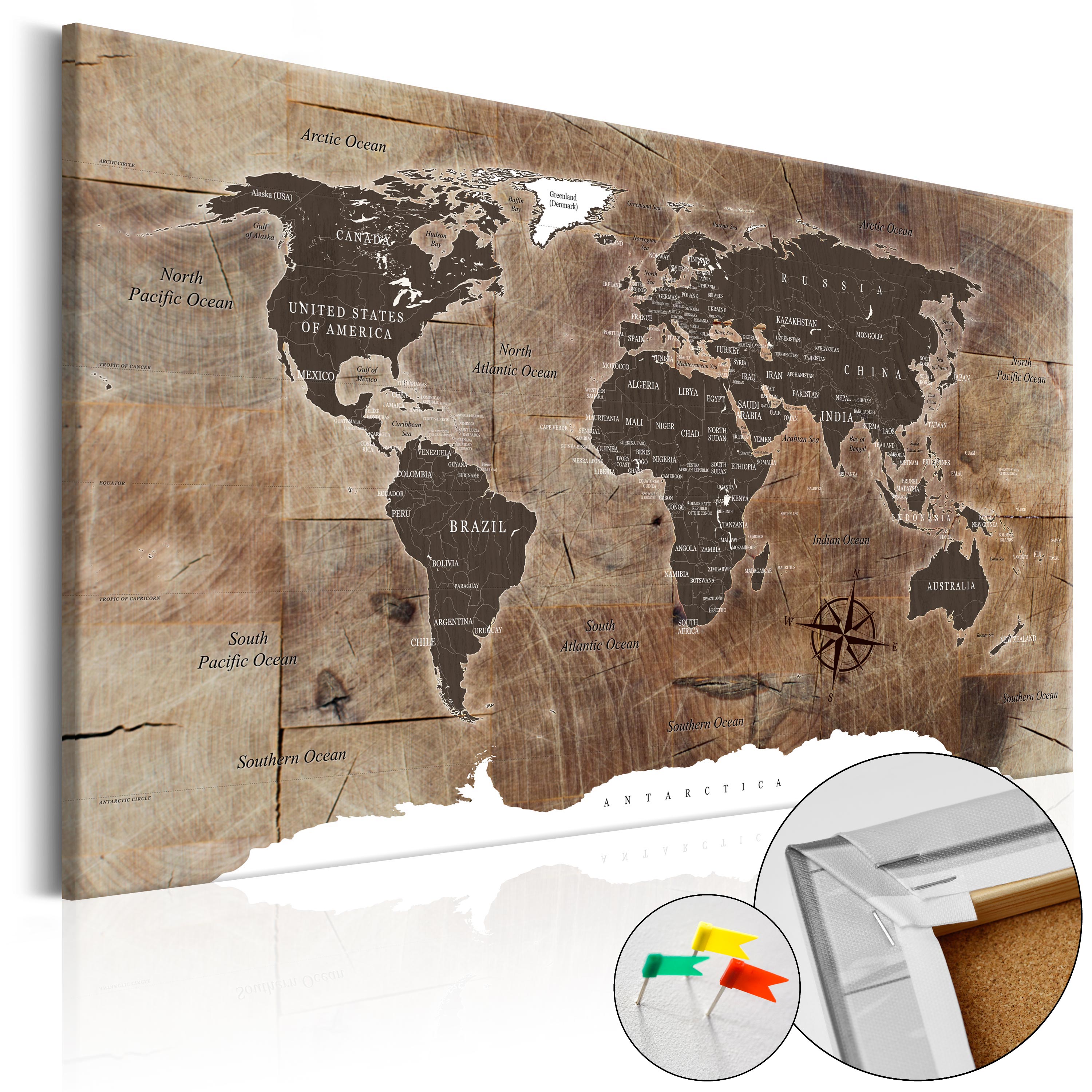 Decorative Pinboard - Wooden Mosaic [Cork Map] - 120x80