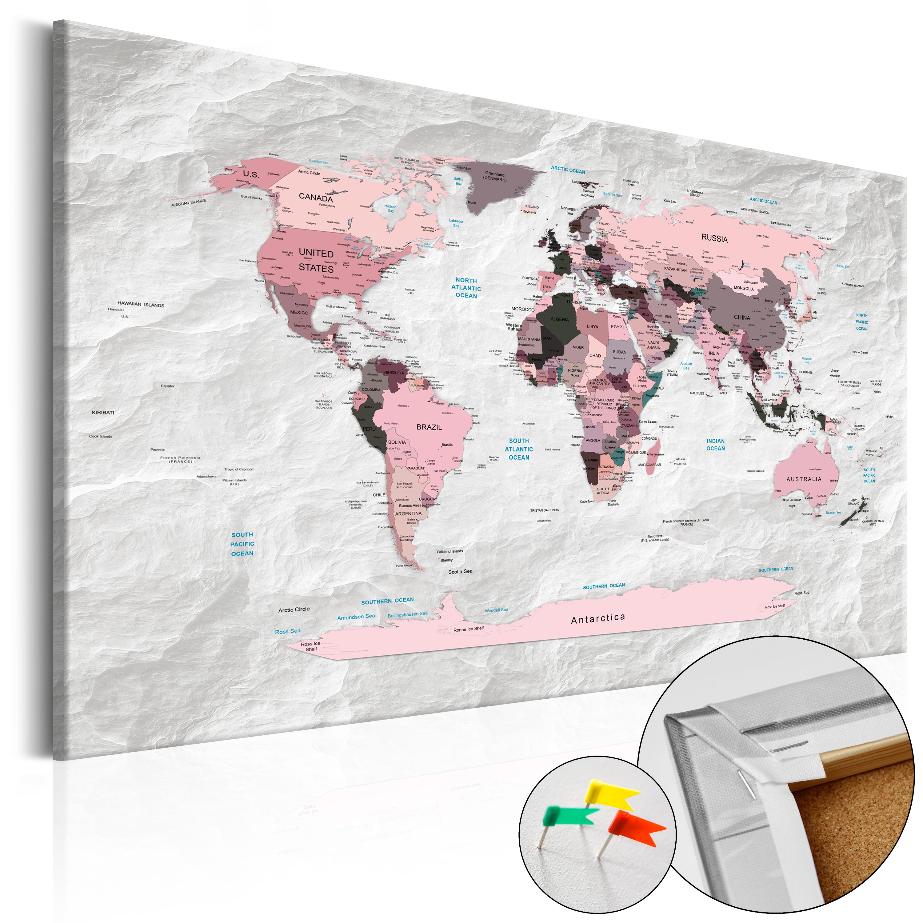 Decorative Pinboard - Pink Continents [Cork Map] - 120x80
