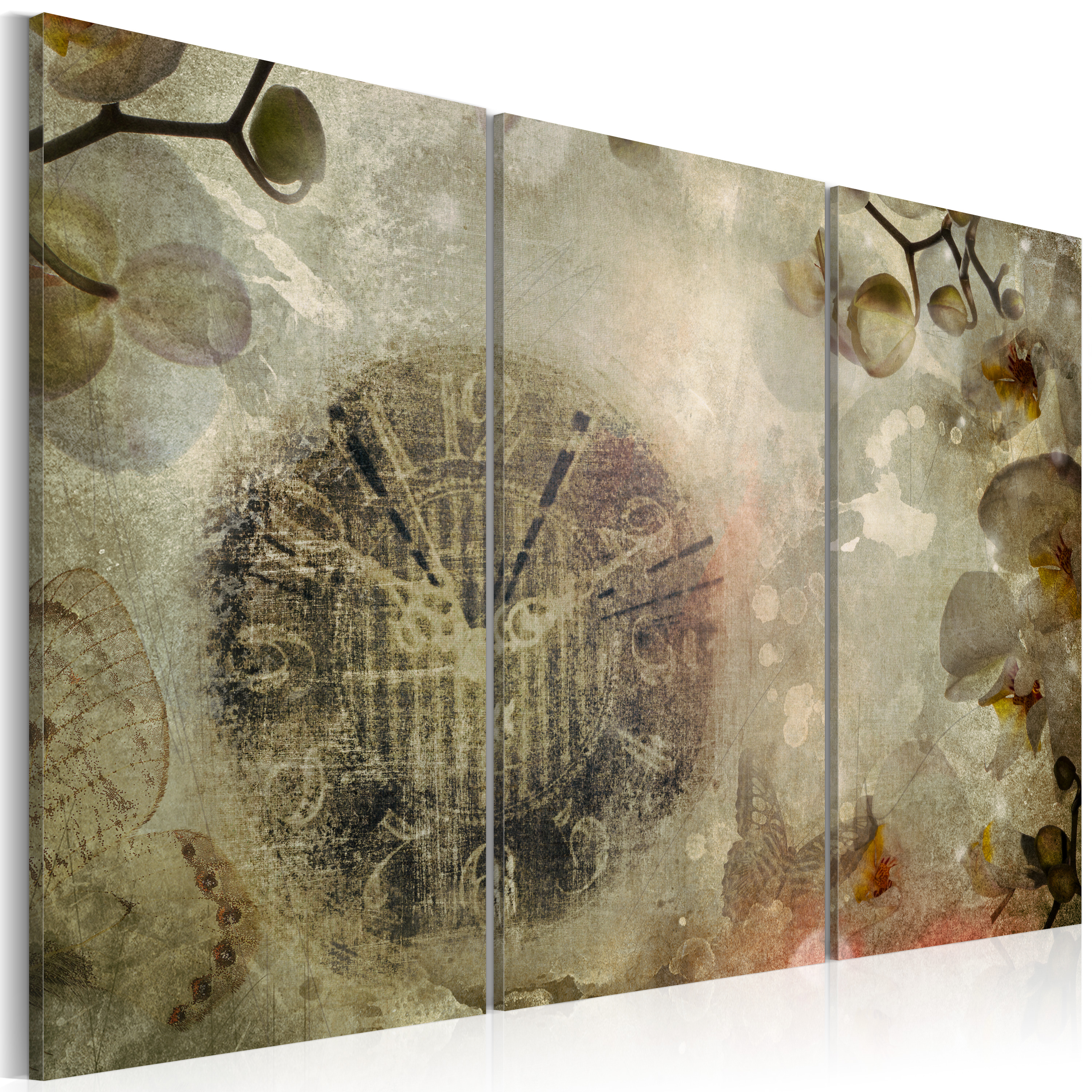 Canvas Print - Vintage, clock and orchid - triptych - 60x40