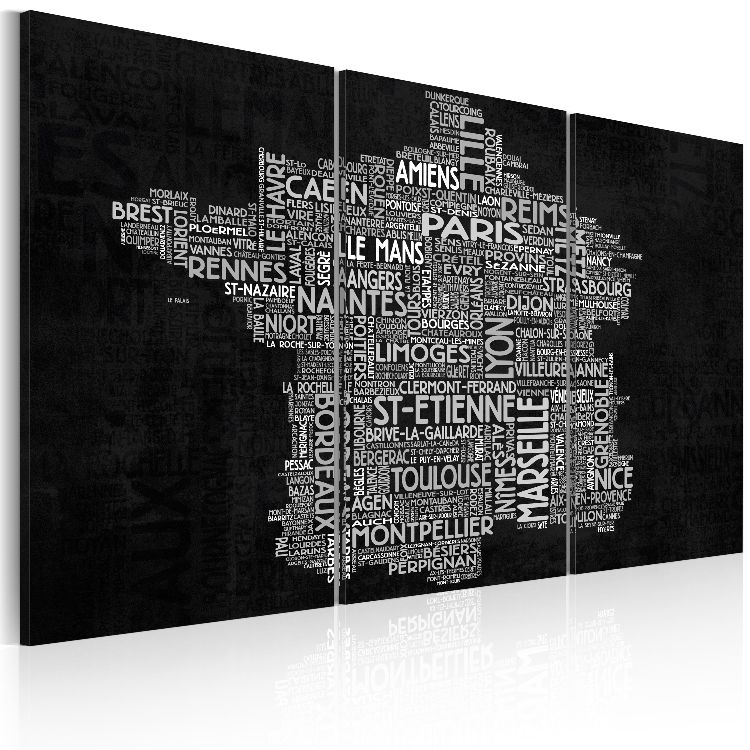 Canvas Print - Text map of France on the black background - triptych - 120x80