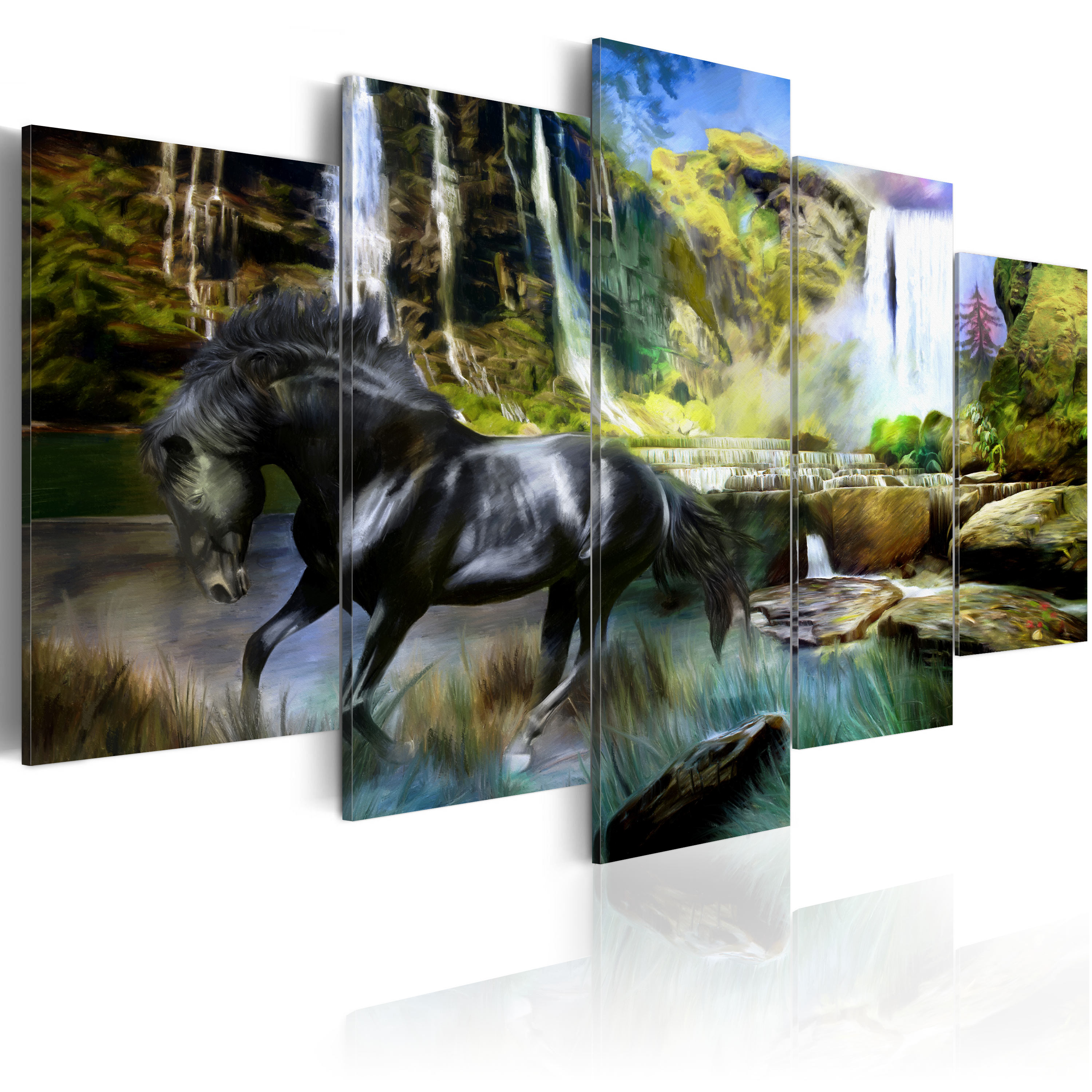 Canvas Print - Black horse on the background of paradise waterfall - 100x50