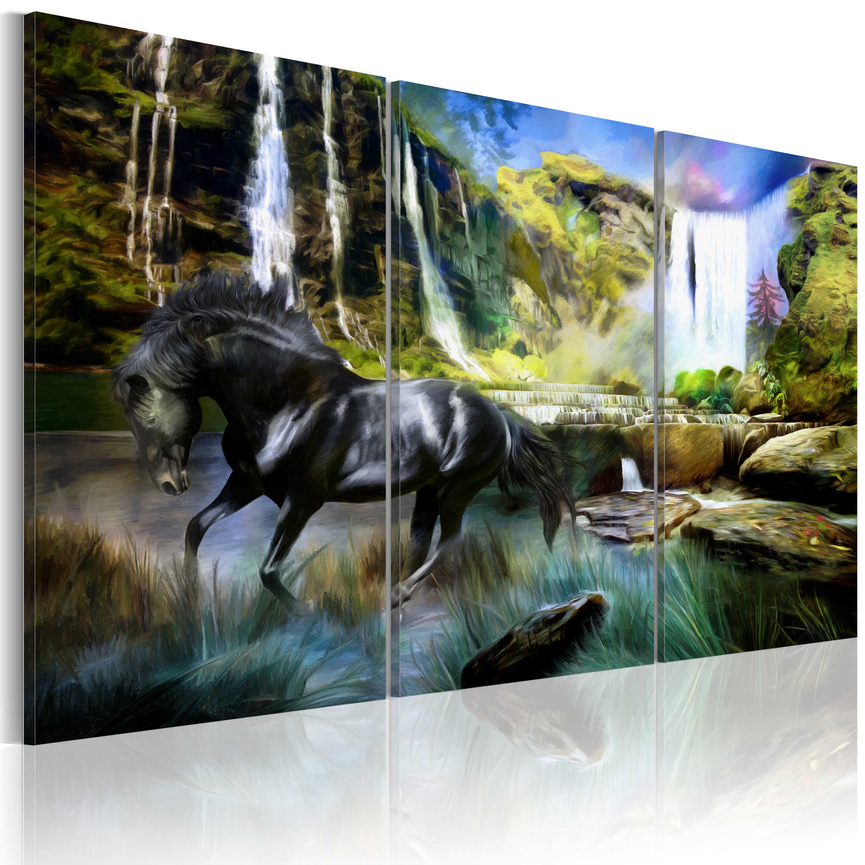 Canvas Print - Horse on the sky-blue waterfall background - 60x40