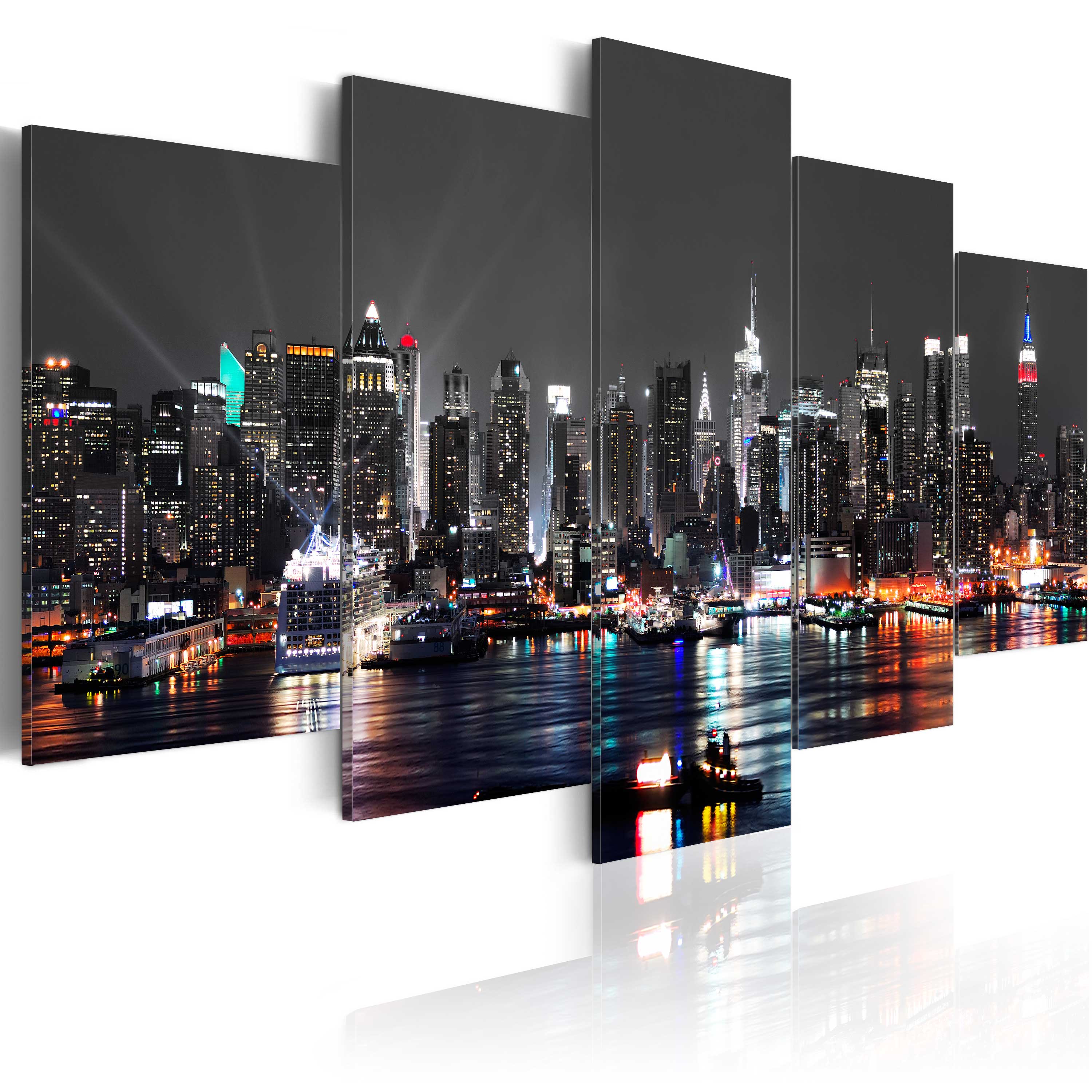 New York Vlies Leinwandbild 5 tlg Wandbilder XXL City Stadt NYC Nacht Wand Bild