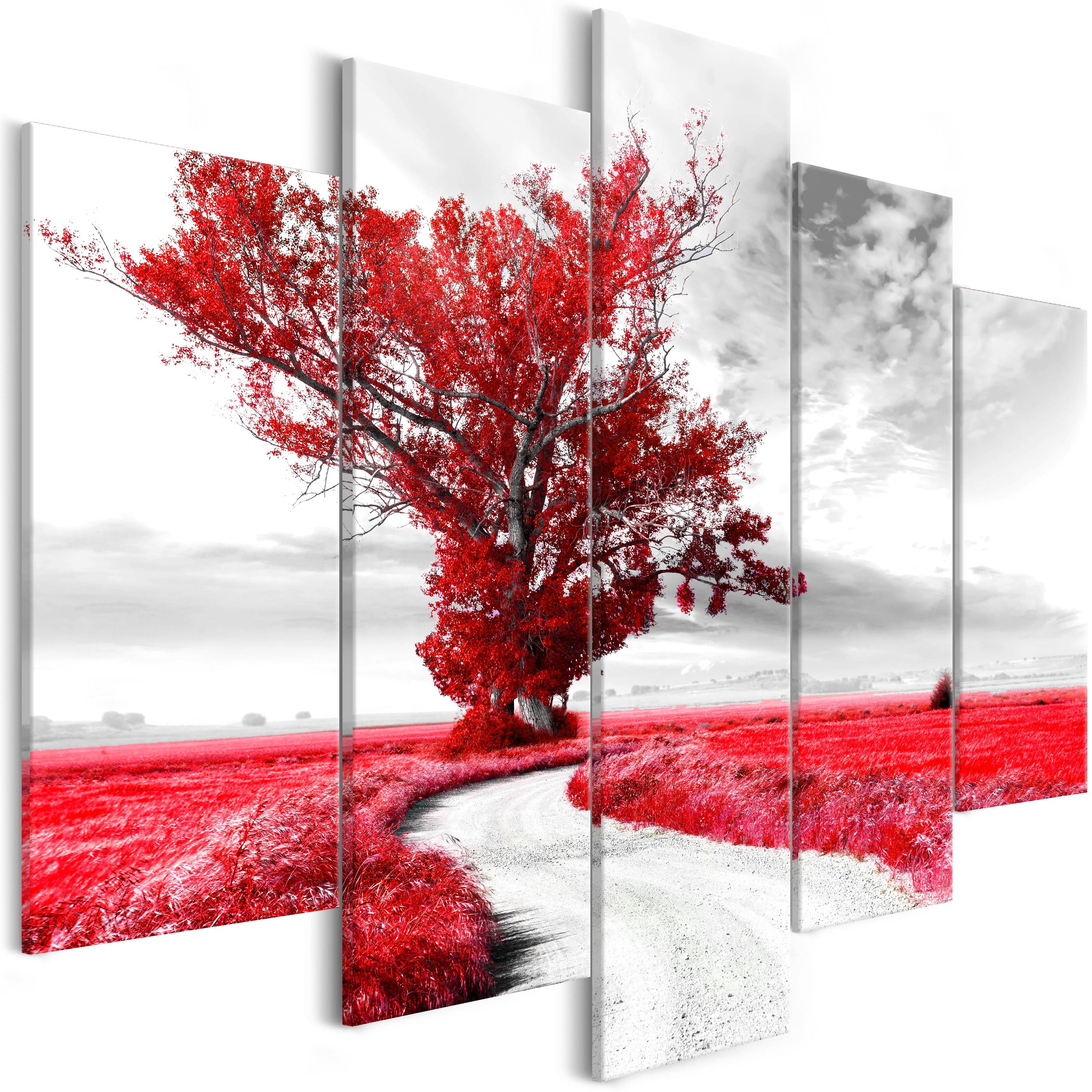 Canvas Print - Tree near the Road (5 Parts) Red - 100x50