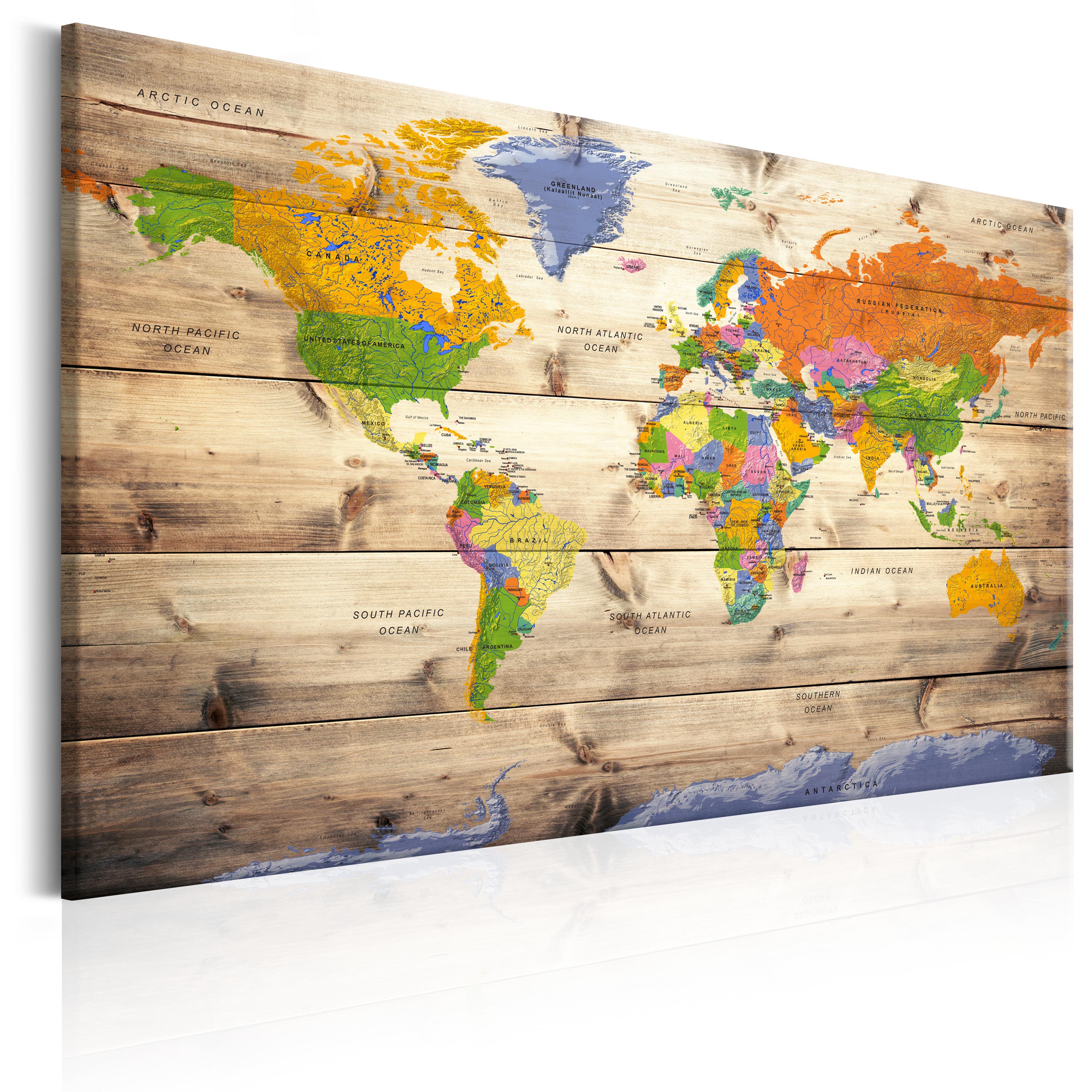 Canvas Print - Map on wood: Colourful Travels - 90x60