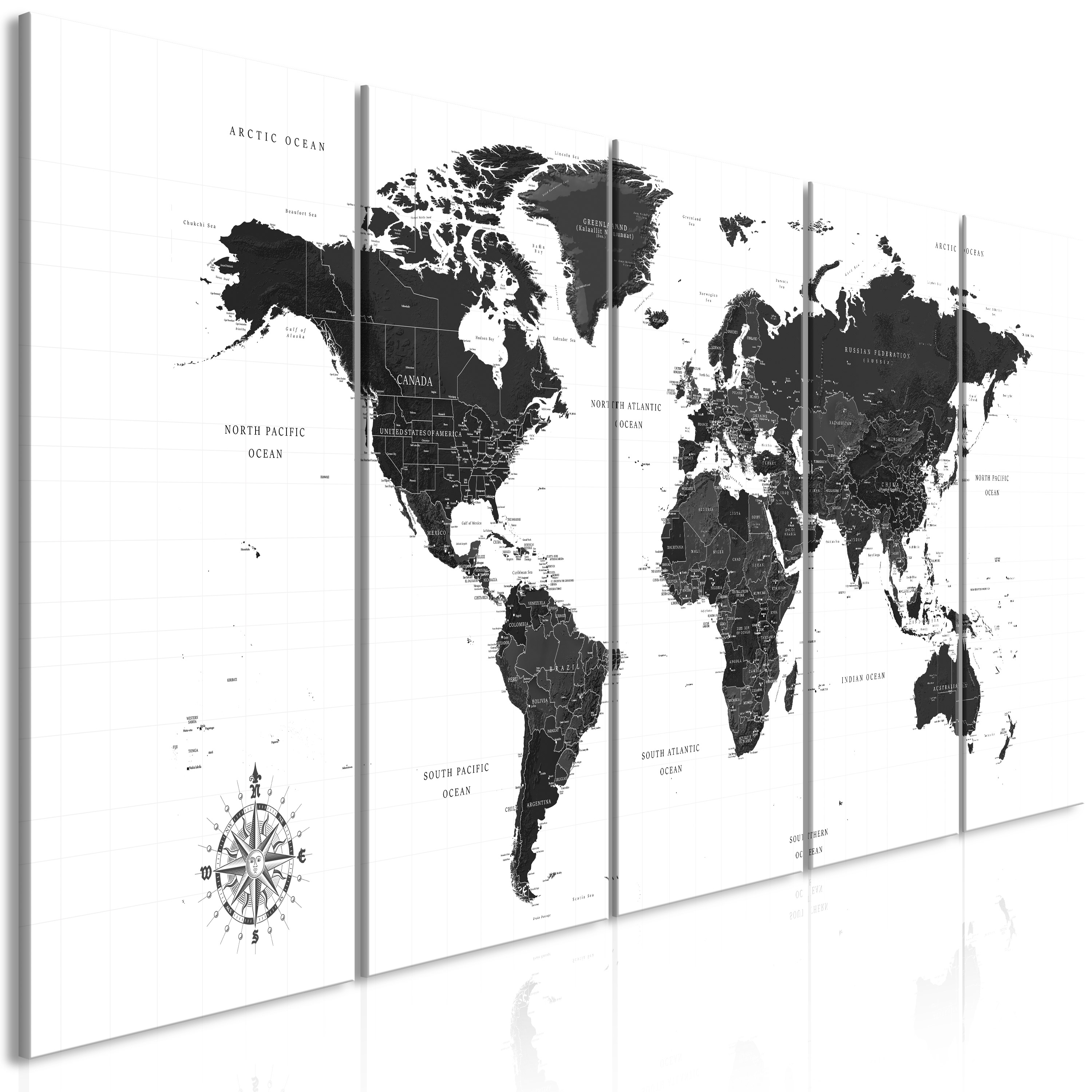 Canvas Print - Black and White Map (5 Parts) Narrow - 200x80