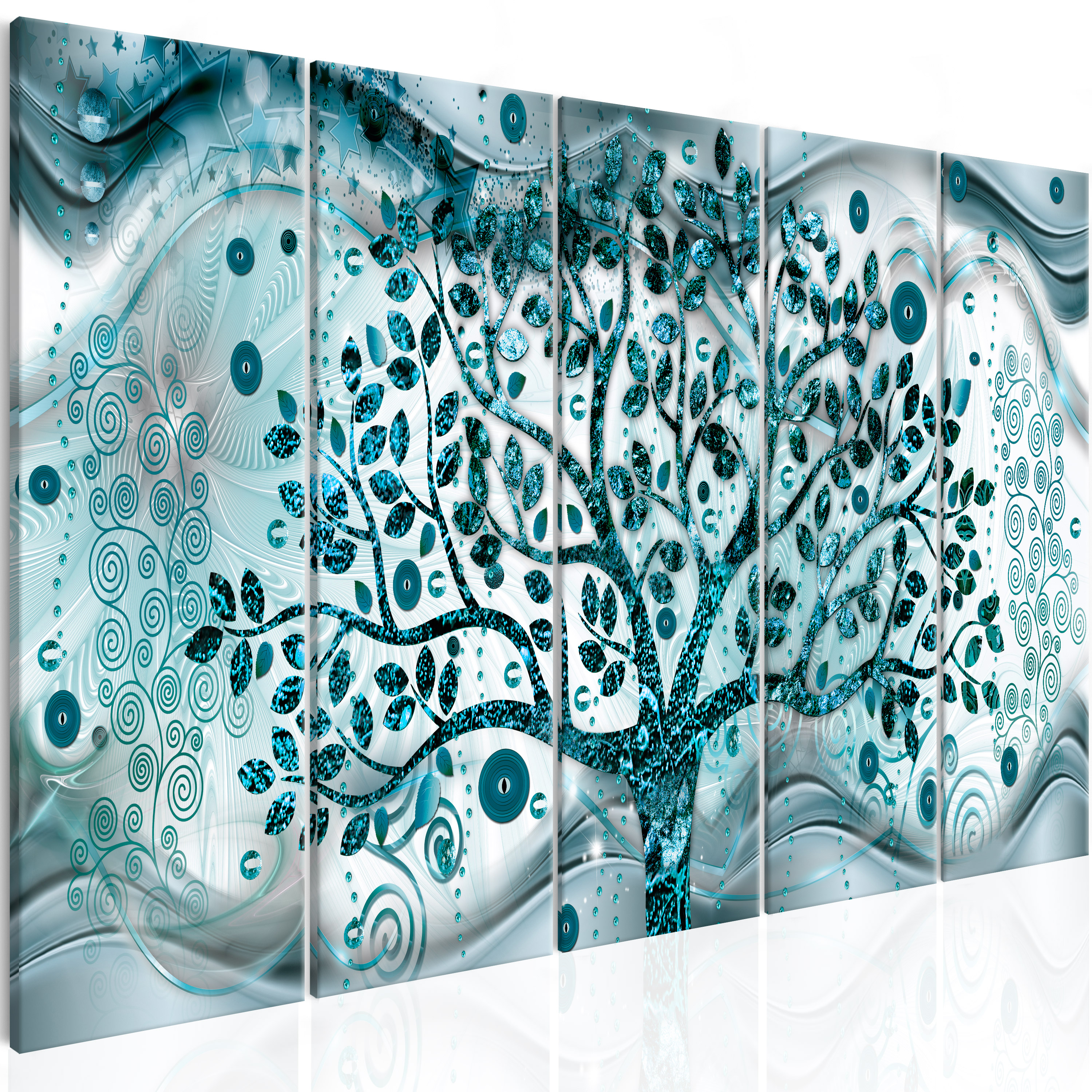Canvas Print - Tree and Waves (5 Parts) Blue - 225x90