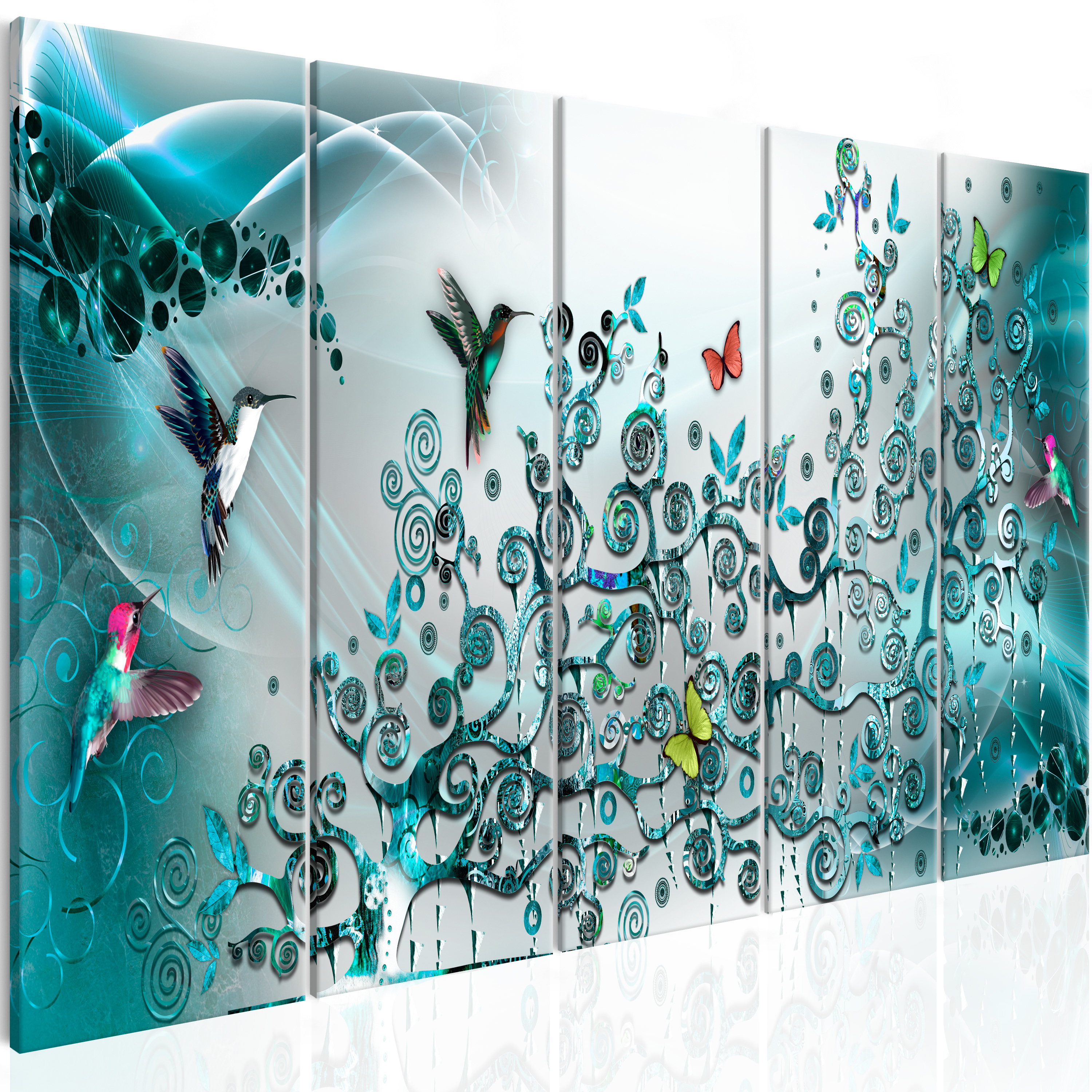 Canvas Print - Hummingbirds Dance (5 Parts) Turquoise Narrow - 200x80