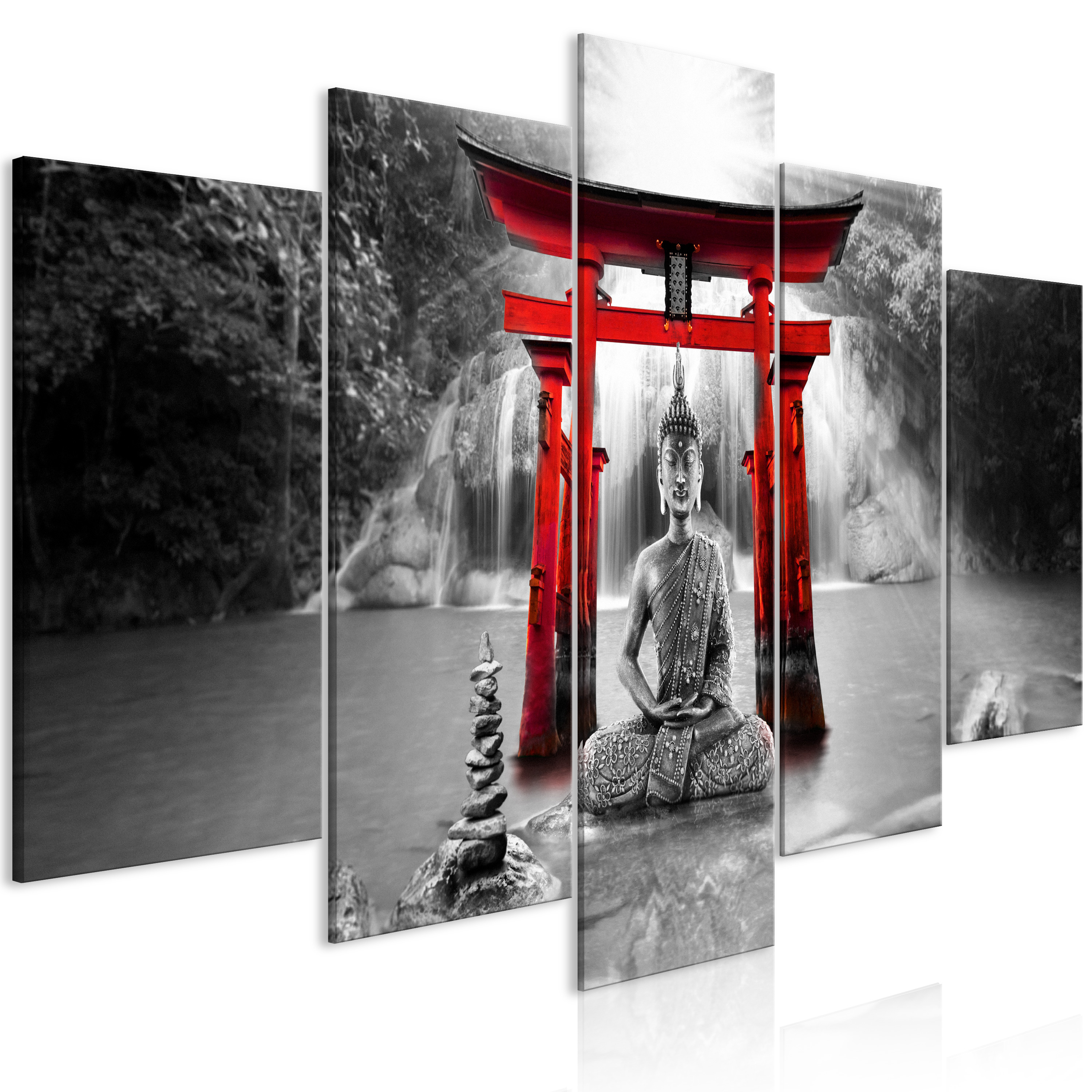 Canvas Print - Buddha Smile (5 Parts) Wide Red - 200x100